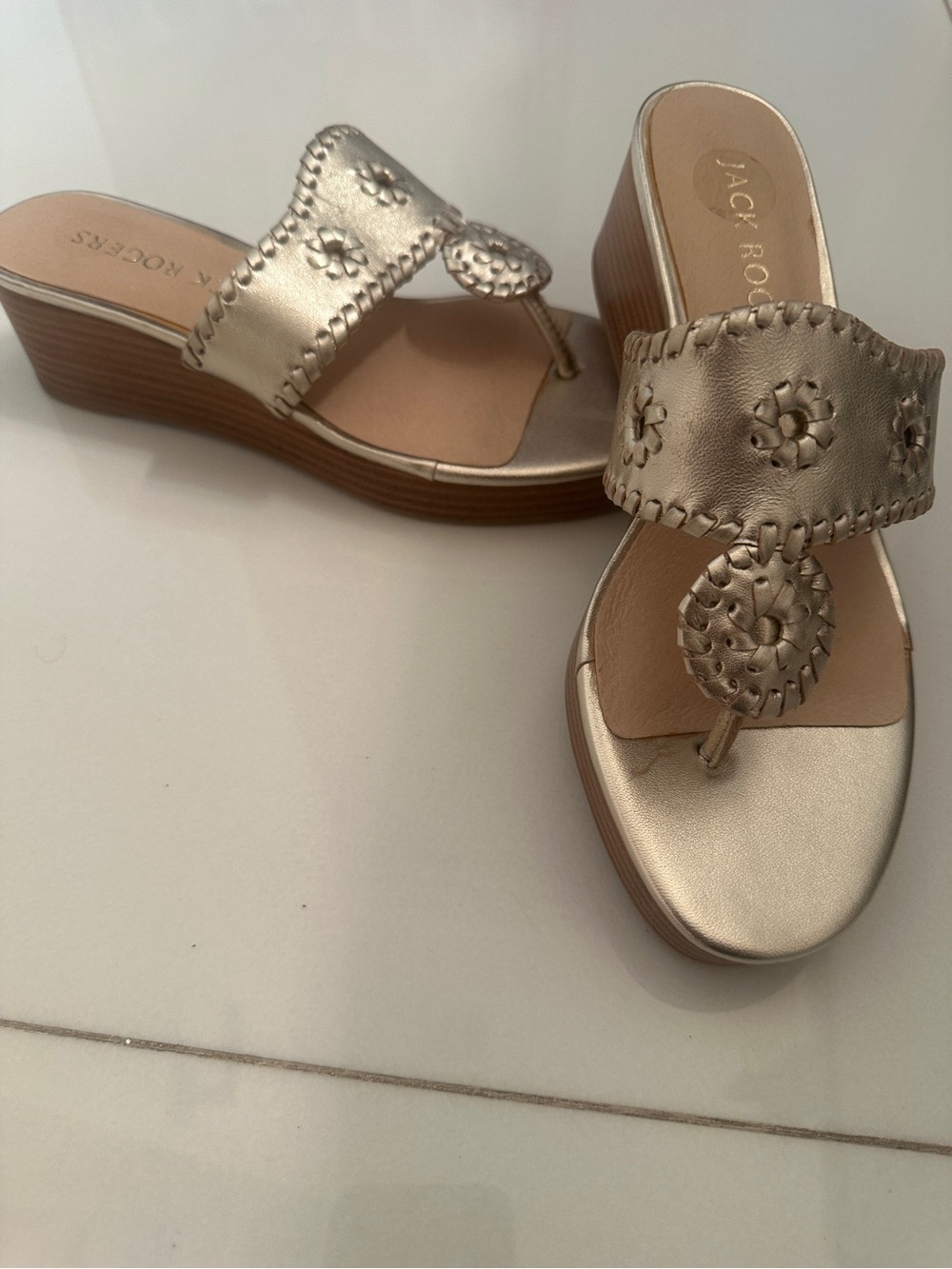 NEVER WORN/Jack Rogers Metallic Gold Wedge Sandals with Braided Medallion